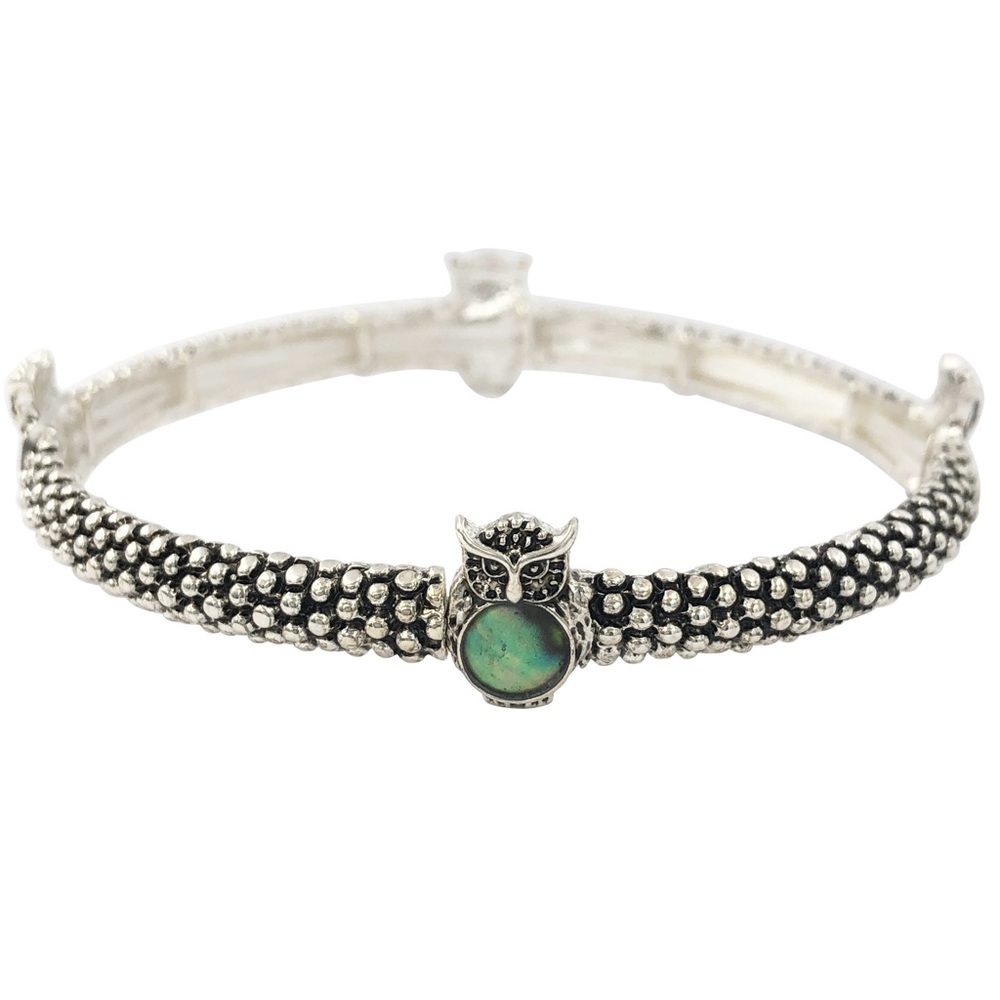 Owl Bird Abalone Shell Inlay Silver Tone Stretch Bracelet